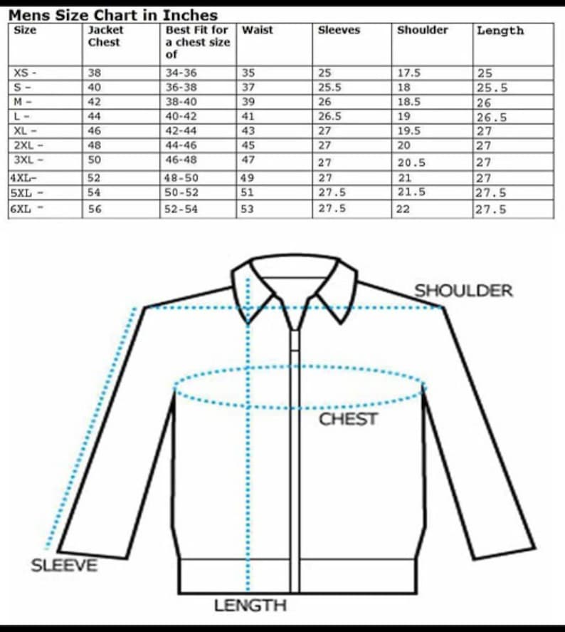 Puede incluir: Tabla de tallas de chaquetas para hombre en pulgadas. Muestra tallas de XS a 6XL, con medidas de pecho, cintura, manga, hombro y largo. Un diagrama ilustra los puntos de medici&oacute;n de la chaqueta, incluyendo pecho, manga y hombro.