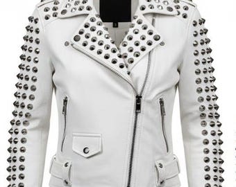 Chaqueta de motorista de cuero de vaca blanco con tachuelas, hecha a mano.
