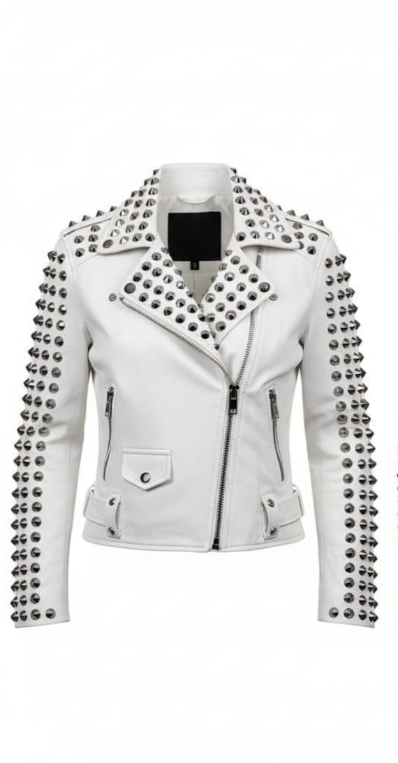 Handmade Studded White Cowhide Leather Biker Jacket - Etsy
