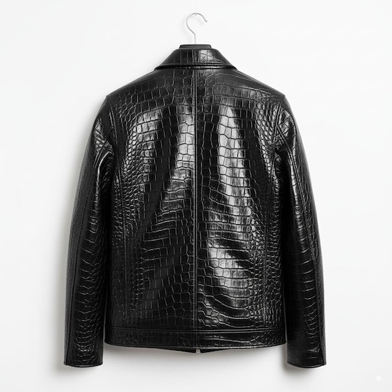 Buy Handmade Black Crocodile Embossed Leather Jacket: Minimalist