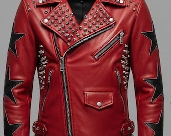 Chaqueta de cuero roja con estrellas negras / Chaqueta motera con tachuelas / Estilo rock unisex hecha a mano y personalizada