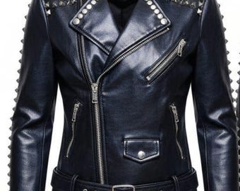 Chaqueta de cuero negro estilo motero con tachuelas, hecha a mano - Unisex, de piel de vaca