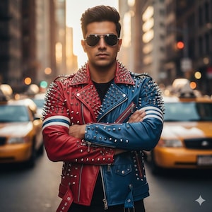 May include: A red and blue leather jacket with silver studs and a zipper closure. The jacket has a split design, with the left side in red and the right side in blue. The jacket has white stripes on the left sleeve.