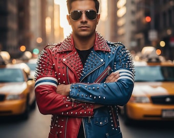 Chaqueta de motociclista de cuero con tachuelas bicolor para hombre, hecha a mano en piel de vaca estilo punk.
