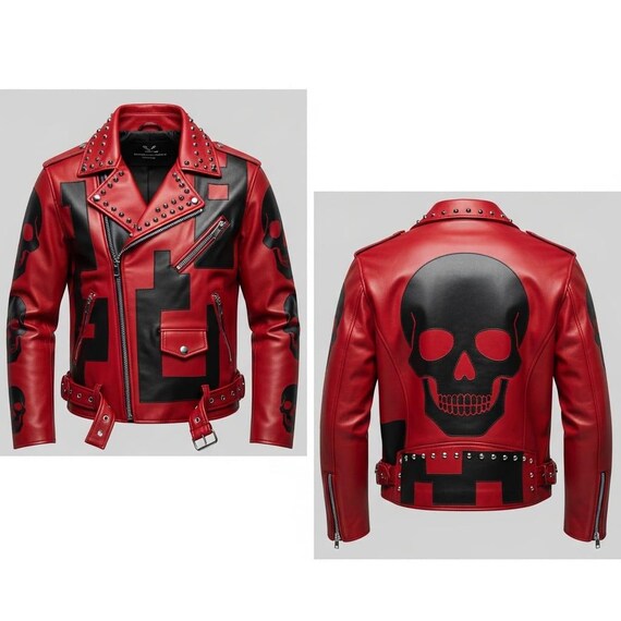 Red Skull Leather Jacket With Studs | Punk Rock Gothic Biker