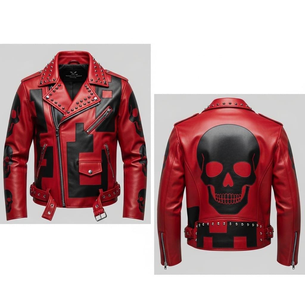 Red Skull Leather Jacket With Studs | Punk Rock Gothic Biker