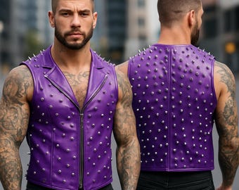 Purple Spiked Faux Leather Vest: Gothic Biker Rockstar Outfit