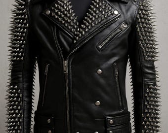 Spiked Black Leather Biker Jacket: Handmade Punk Rock Moto Coat