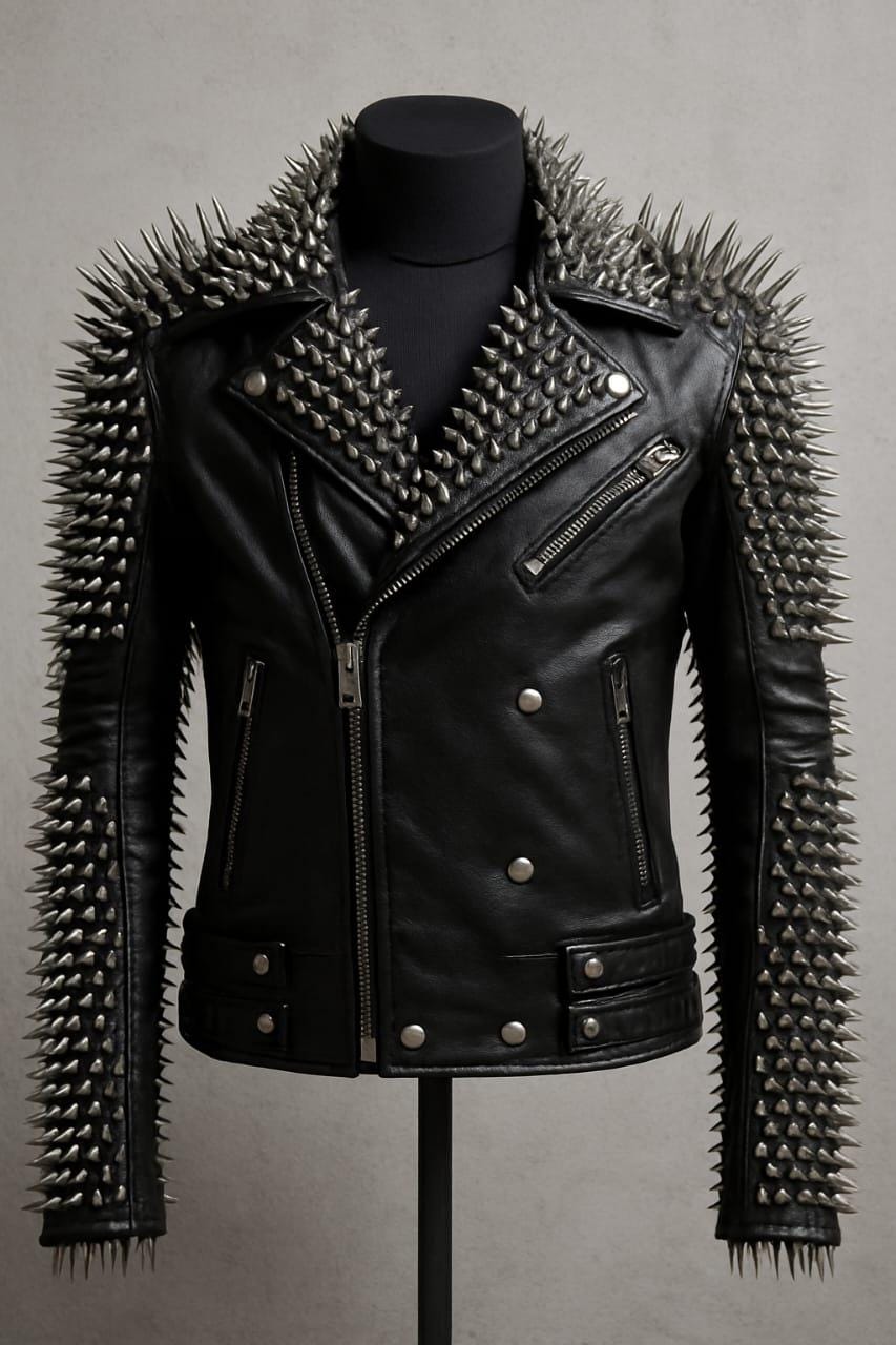 Spiked Black Leather Biker Jacket: Handmade Punk Rock Moto Coat