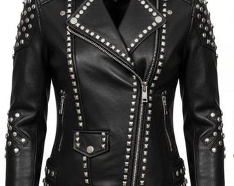 Handmade Black Studded Cowhide Leather Biker Jacket: Gothic Punk