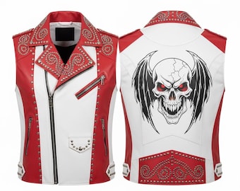 Chaleco de piel de vaca con tachuelas: estampado de calavera roja y blanca en la espalda, estilo motero rockero.