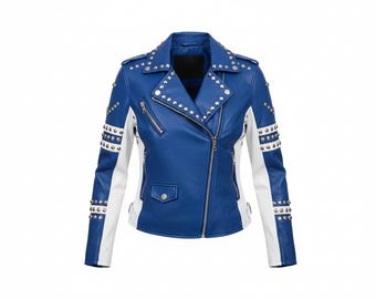 Chaqueta de cuero estilo motero azul y blanca con tachuelas, hecha a mano: Conjunto unisex de estilo punk rock.
