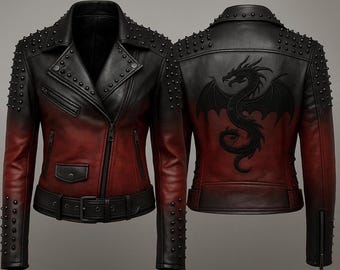 Ombre Leather Biker Jacket: Studded Gothic Dragon Moto Coat
