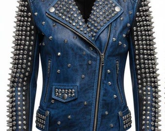 Chaqueta de cuero azul con tachuelas / Abrigo motero punk rock para mujer / Chaqueta de motociclista hecha a mano a medida