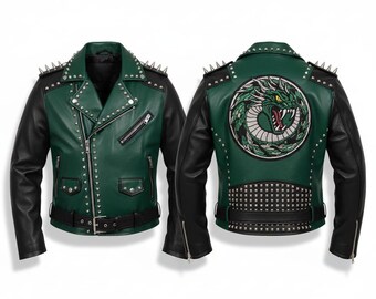 Green Black Studded Leather Biker | Wolf Patch Moto Coat | Spiked