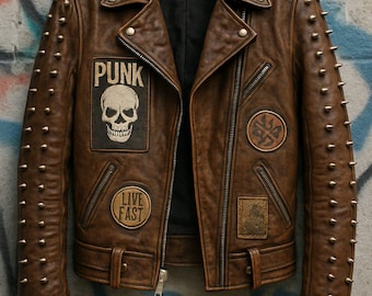 Distressed Brown Leather Punk Jacket: Spikes, Patches, Gothic Biker Style