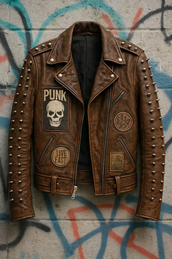 Distressed Brown Leather Punk Jacket: Spikes, Patches