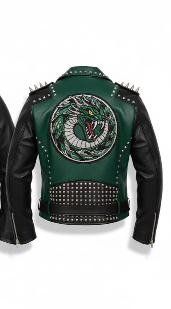 Green Black Studded Leather Biker | Wolf Patch Moto Coat | Spiked