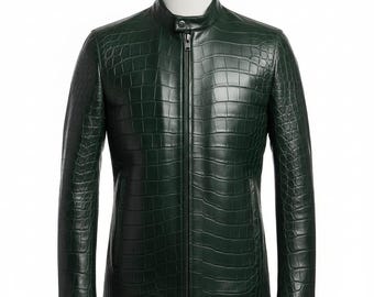 Chaqueta de piel verde con relieve de cocodrilo: Moda unisex