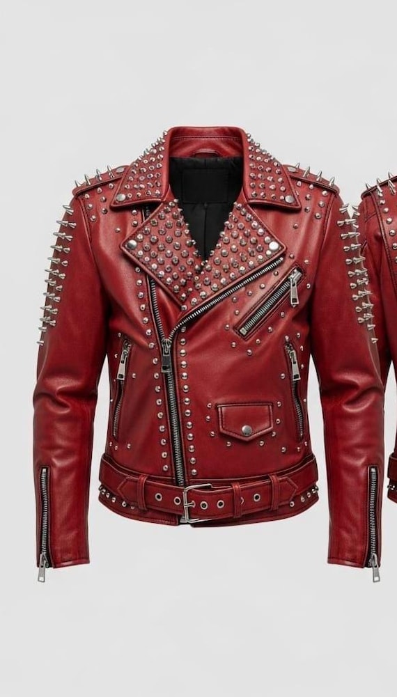 Red Studded Leather Biker Jacket: Punk Rock Lightning Bolt  display picture 1