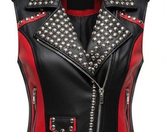 Handmade Red & Black Studded Leather Vest: Punk Biker Rockwear