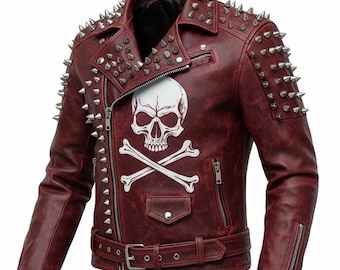 Chaqueta de motociclista de cuero rojo con púas y calaveras, estilo punk