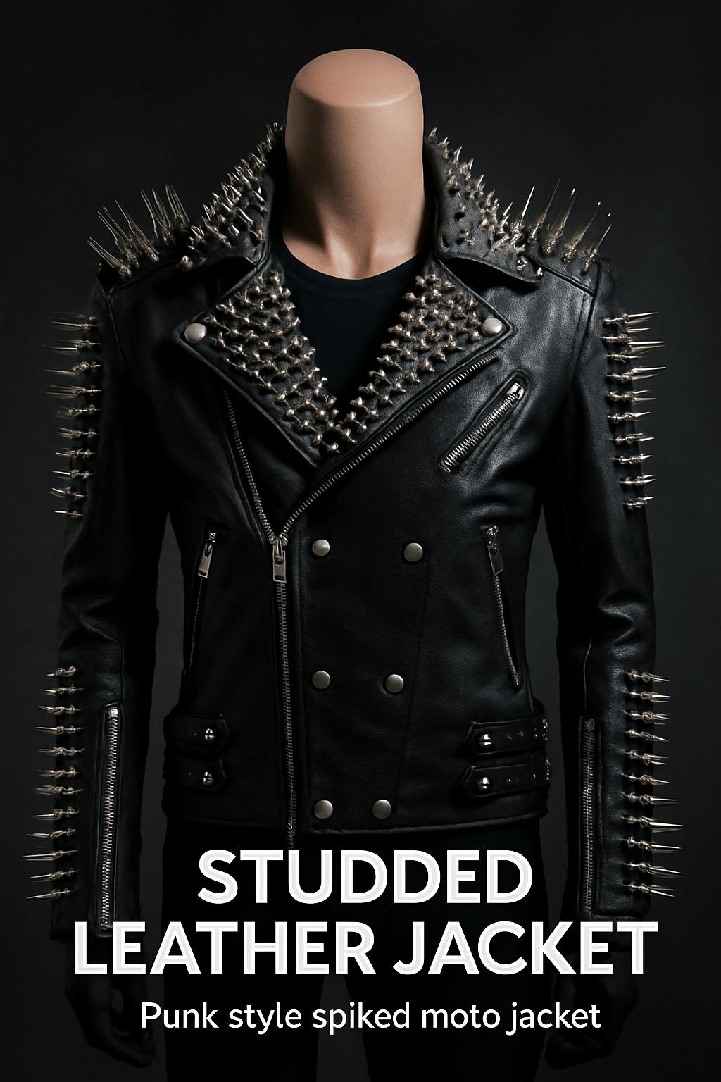Spiked Leather Biker Jacket: Handmade Gothic Punk Studded Coat