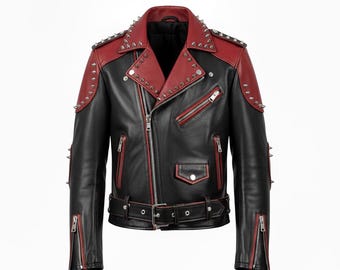 Chaqueta de cuero con tachuelas negras y rojas / Abrigo motero punk hecho a mano para hombre y mujer