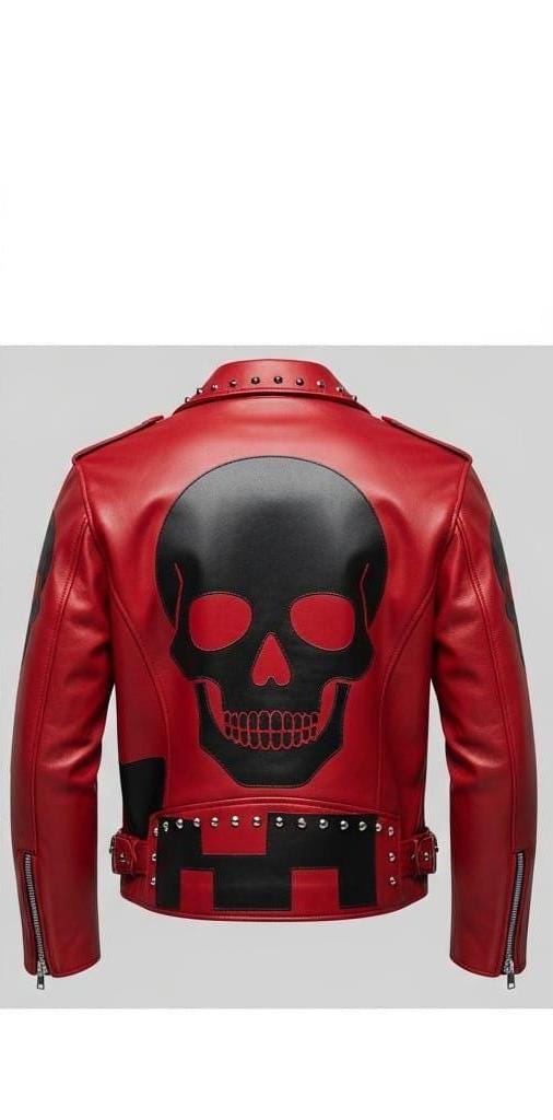 Red Skull Leather Jacket With Studs | Punk Rock Gothic Biker