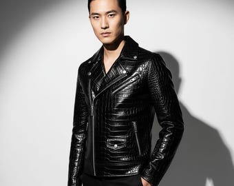 Chaqueta de cuero negro hecha a mano con relieve de cocodrilo, estilo motero: Moto Streetwear