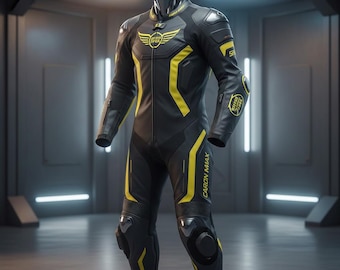 Traje de motociclista negro y amarillo: chaqueta y pantalones aerodinámicos