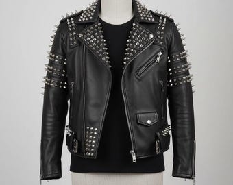 Black Spiked Leather Jacket – Studded Back, Tactical Buckle Straps