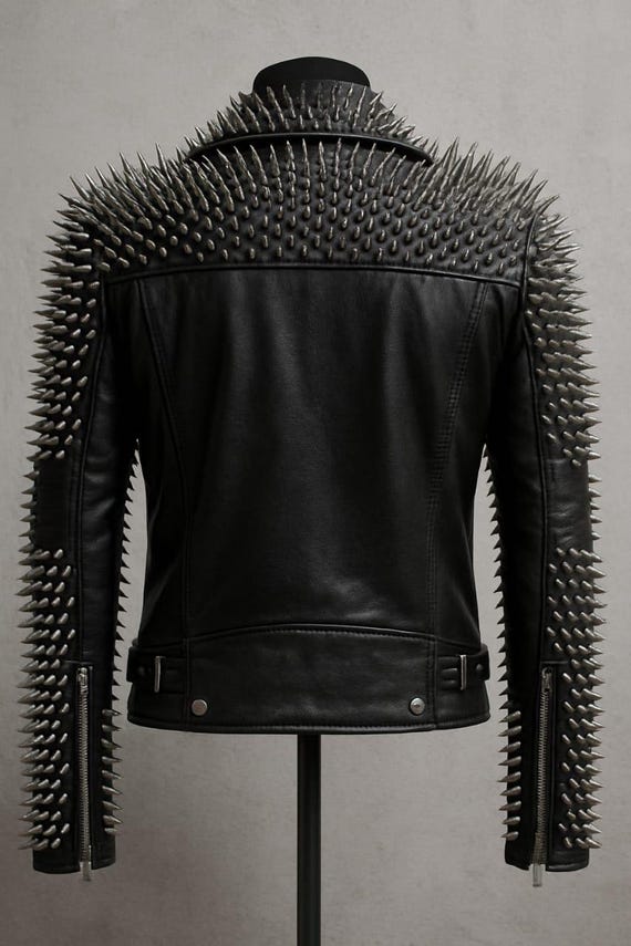 Spiked Black Leather Biker Jacket: Handmade Punk Rock Moto Coat - Etsy