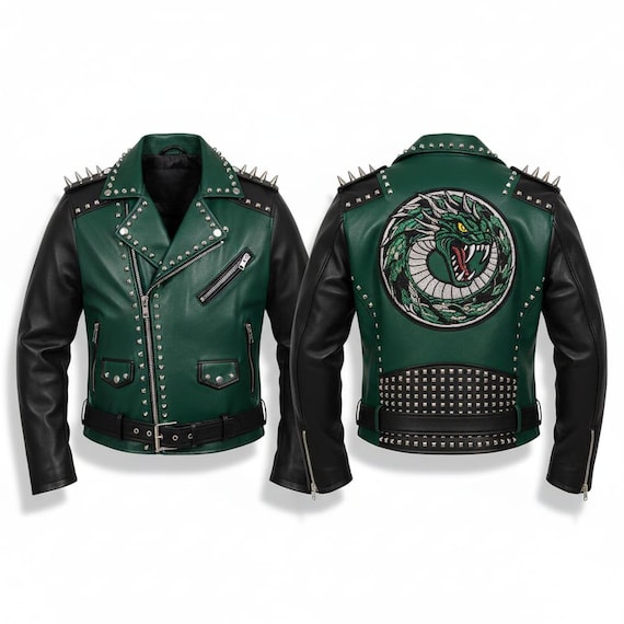 Green Black Studded Leather Biker | Wolf Patch Moto Coat | Spiked