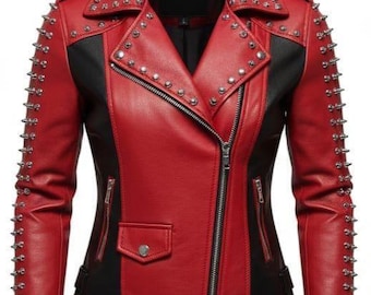 Chaqueta de cuero estilo motero con tachuelas rojas y negras / Abrigo punk rock hecho a mano