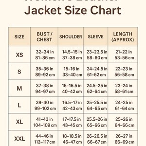 Puede incluir: Tabla de tallas de chaquetas de cuero para mujer, con medidas de pecho, hombro, manga y largo en pulgadas y cent&iacute;metros. Tallas de la XS a la XXL.
