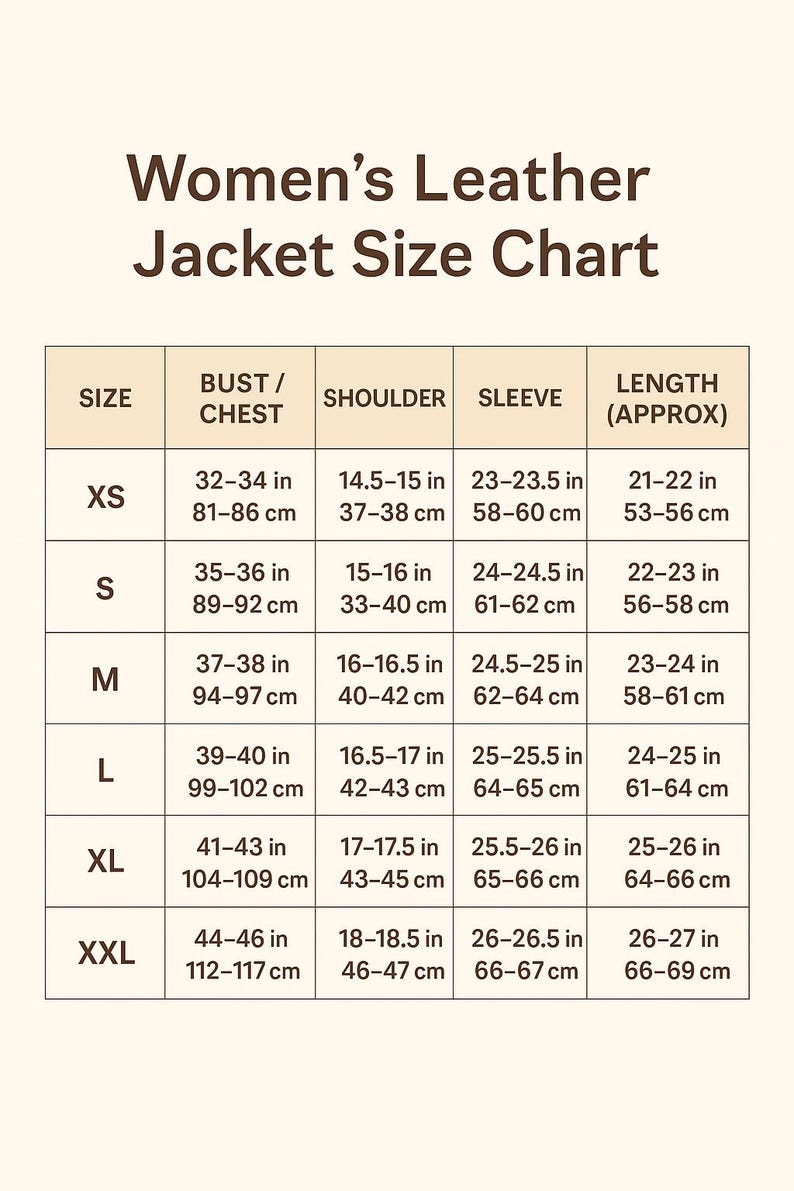 Puede incluir: Tabla de tallas de chaquetas de cuero para mujer, con medidas de pecho, hombro, manga y largo en pulgadas y cent&iacute;metros. Tallas de la XS a la XXL.