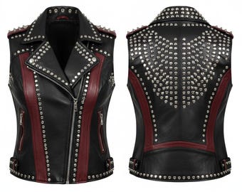Handmade Studded Cowhide Leather Vest - Punk Biker Waistcoat