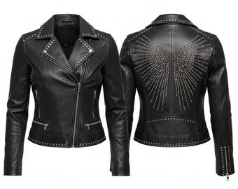 Chaqueta punk de piel de vacuno con tachuelas, hecha a mano: Unisex