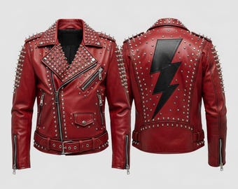 Chaqueta de cuero roja con tachuelas estilo motero: Rayo punk rock, hecha a mano a medida.