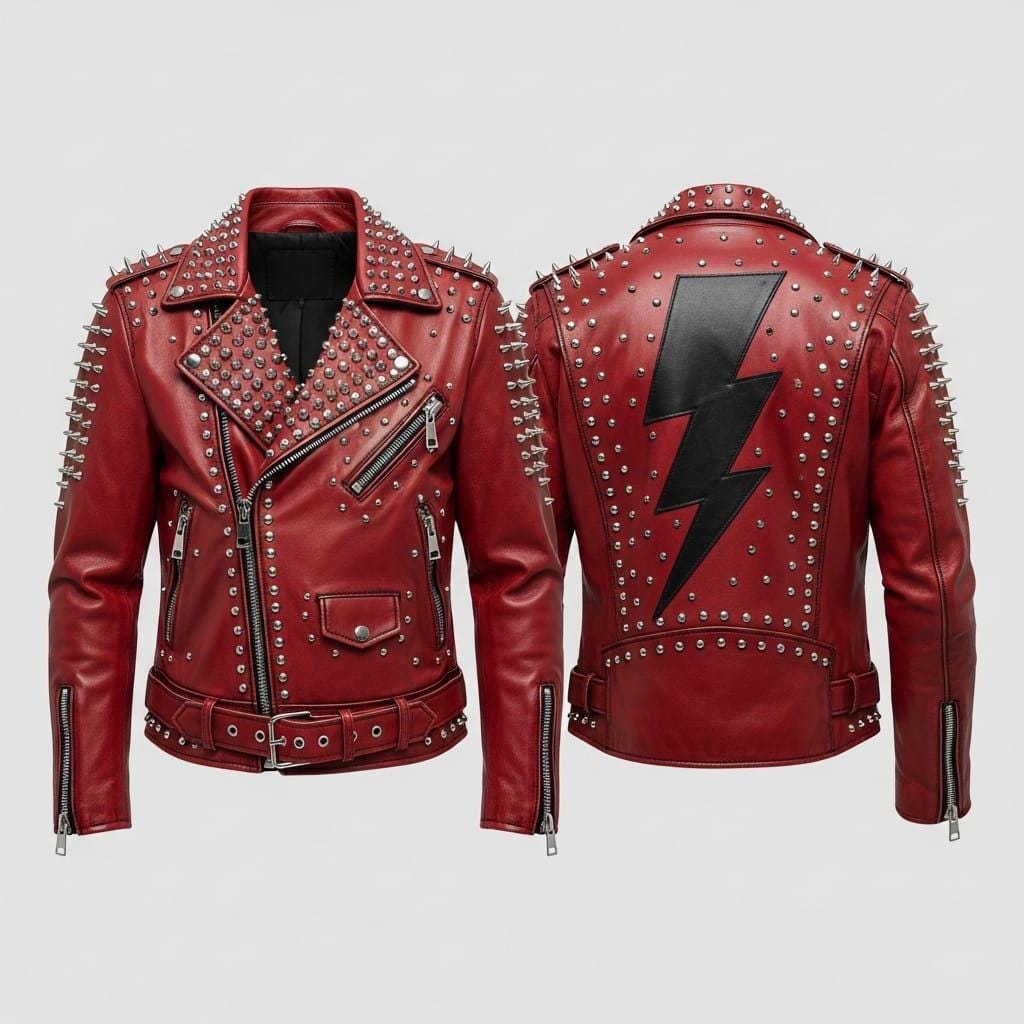 Red Studded Leather Biker Jacket: Punk Rock Lightning Bolt  display picture 1