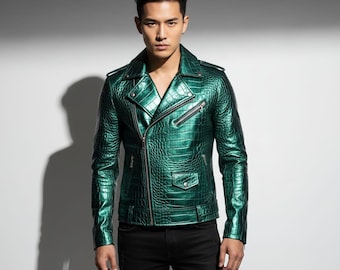 Chaqueta de motociclista de cuero verde con relieve de cocodrilo: abrigo de moto hecho a mano