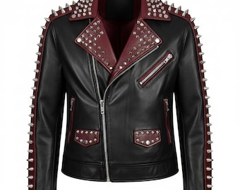 Black Studded  Leather Biker Jacket: Spiked Punk Moto Coat