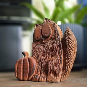 Hand Carved Wood Cat Figurine: Rustic Halloween Shelf Decor