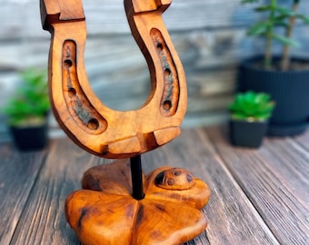 Wooden phone stand, hand carved wood desk phone stand, rustic desk decor, lucky charm gift with four leaf clover