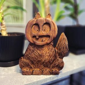 Wooden Cat Decor with Pumpkin Rustic Hand Carved Fall Figurine  Halloween Shelf Accent
