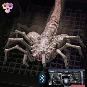 May include: A detailed, beige-colored, insect-like creature with multiple legs and a long, segmented body. The creature is positioned on a dark, grid-patterned surface. A digital interface with text and icons is visible in the lower right corner.