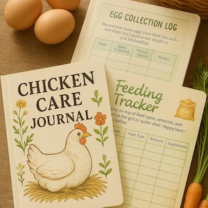 以下が含まれることがあります： 鶏をテーマにしたジャーナルと卵の画像。「Chicken Care Journal」には鶏のイラストが描かれています。「Egg Collection Log」と「Feeding Tracker」も表示されています。3つの茶色の卵が左上にあります。ニンジンとバスケットも存在します。