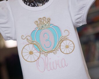 Light Pink, Aqua / Light Turquoise, Gold Cinderella Carriage Birthday Toddler Tee Shirt - First or ANY AGE - Princess Party - Embroidered