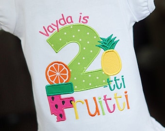 Twotti Fruitti Personalized Birthday Tee Shirt - Second Birthday Party - Two-tti Fruitty - Tutti Frutti - Fruit - Embroidered - TWO